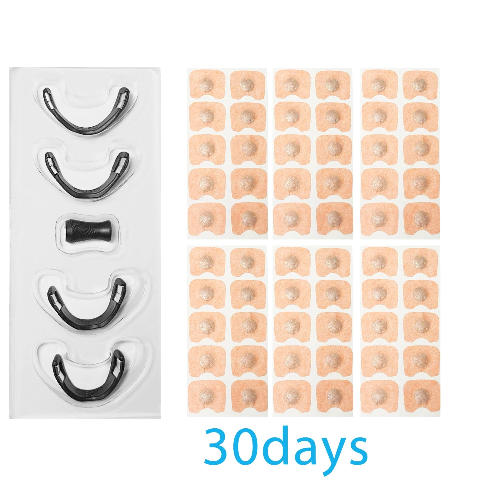 Packaging of adhesive patches with black U-shaped devices on a white background.