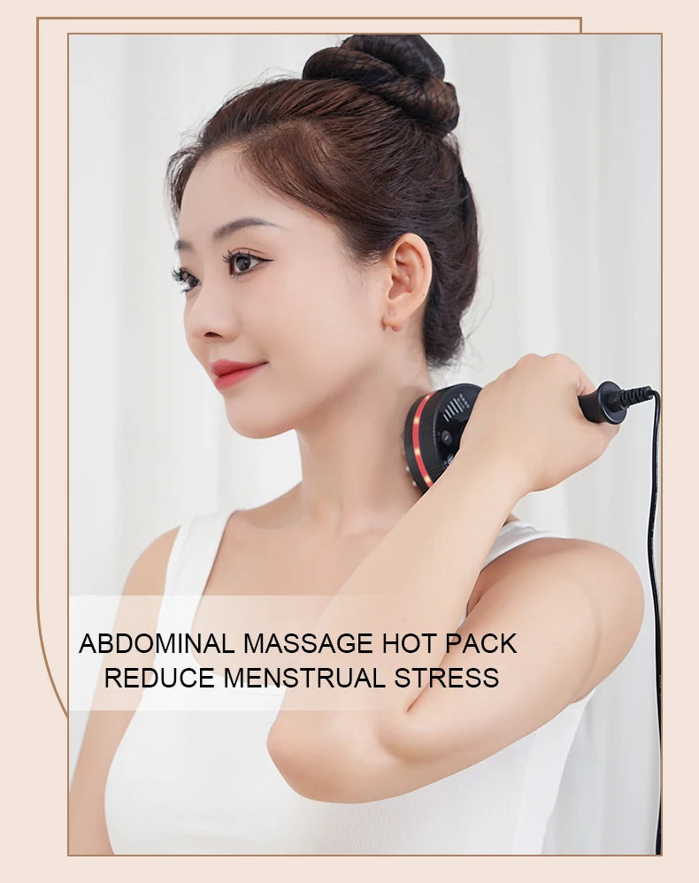 Woman using an abdominal massage hot pack with text on a light background