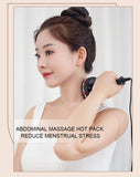 Woman using an abdominal massage hot pack with text on a light background