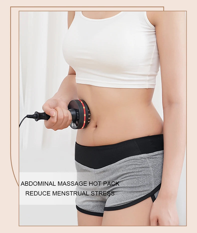 Person using an abdominal massage hot pack on their stomach with text indicating it reduces menstrual stress.