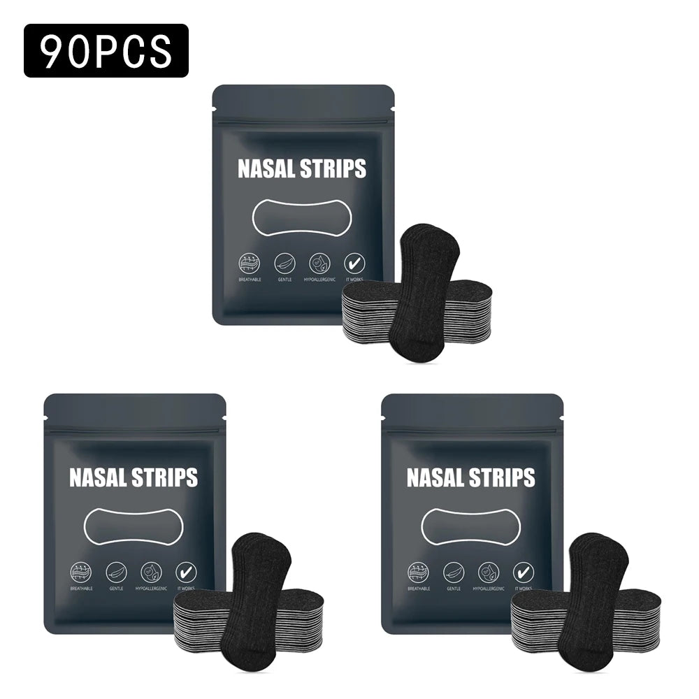 Nasal strip packaging with multiple packages and strips on a white background