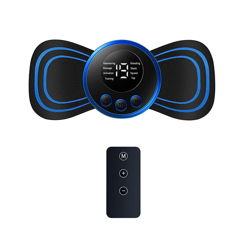 Black and blue muscle stimulator device with remote control on a white background