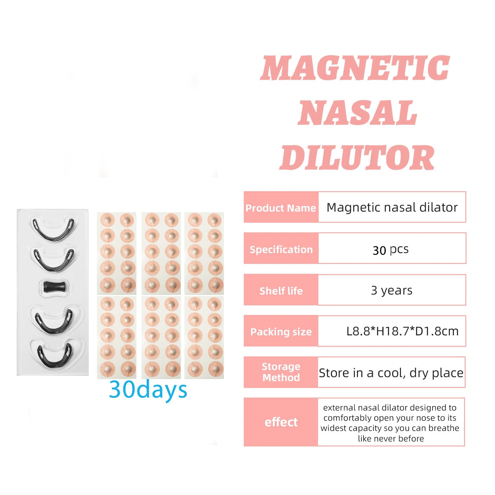 Magnetic nasal dilator set with packaging and product details on a white background