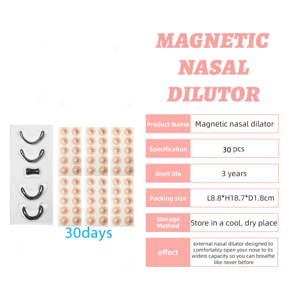 Magnetic nasal dilator set with packaging and product details on a white background