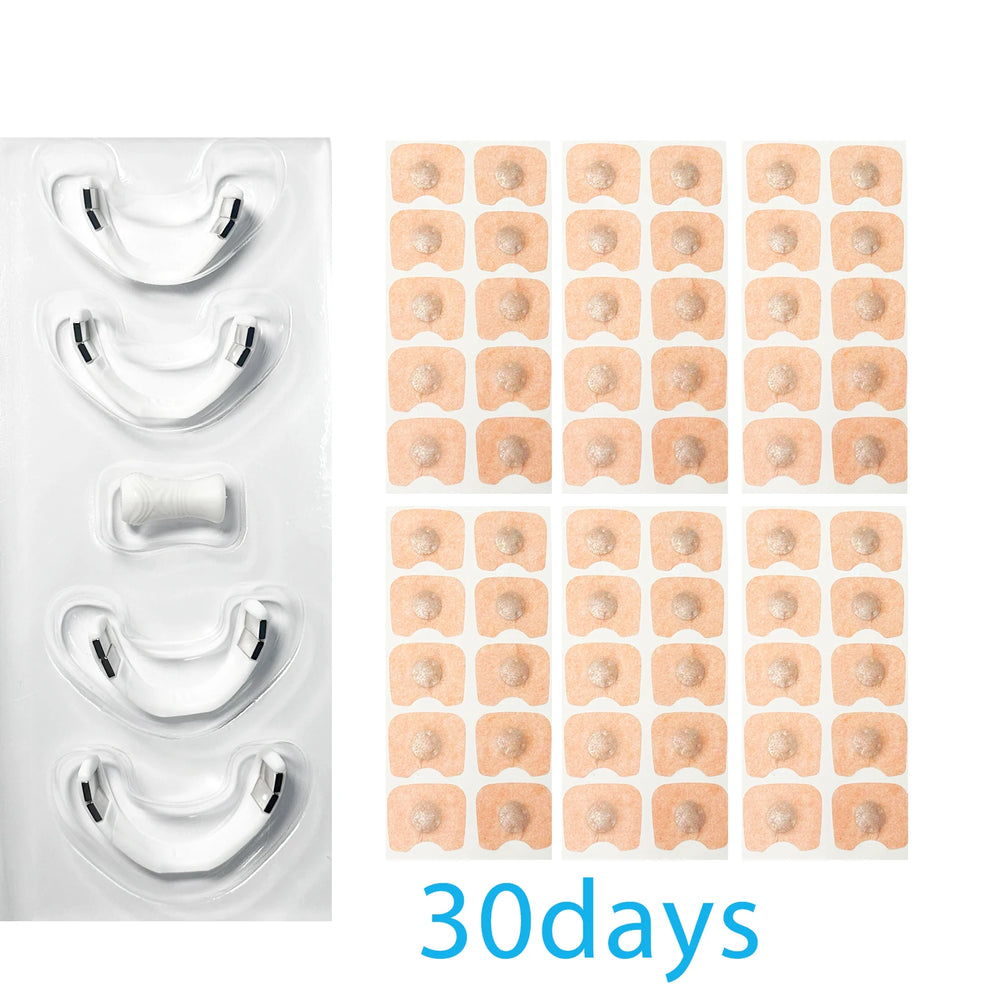 Packaging of adhesive patches with a tray on a white background