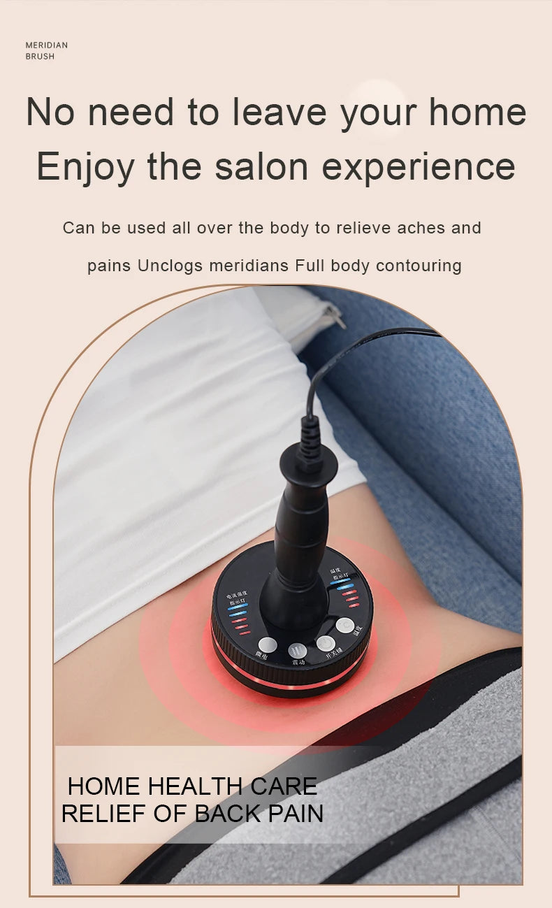 Home health care device for back pain relief with text on a beige background