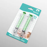 Two green syringes in packaging with 'BPA Free' label on a gray background