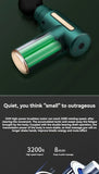 Green massage gun with text on a dark background