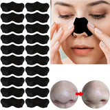Black nose strips with a woman applying them, showing before and after effects on her nose.