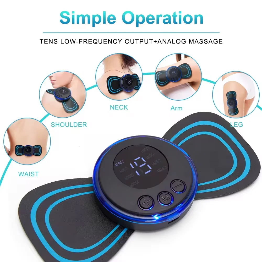 Digital device with pads for neck, arm, shoulder, waist, and leg massage on a white background.