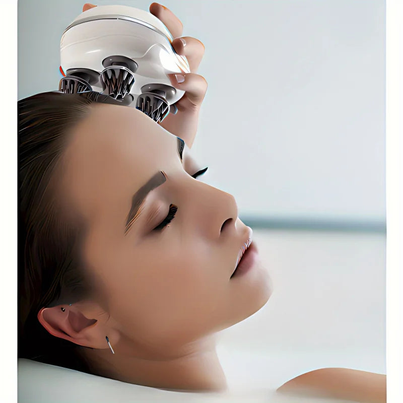 Woman receiving a facial treatment with a device on her face against a light background