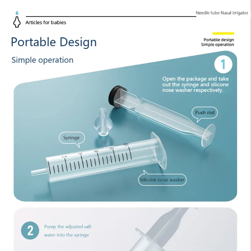 Portable nasal irrigation system with syringe and silicone nose washer on a blue background