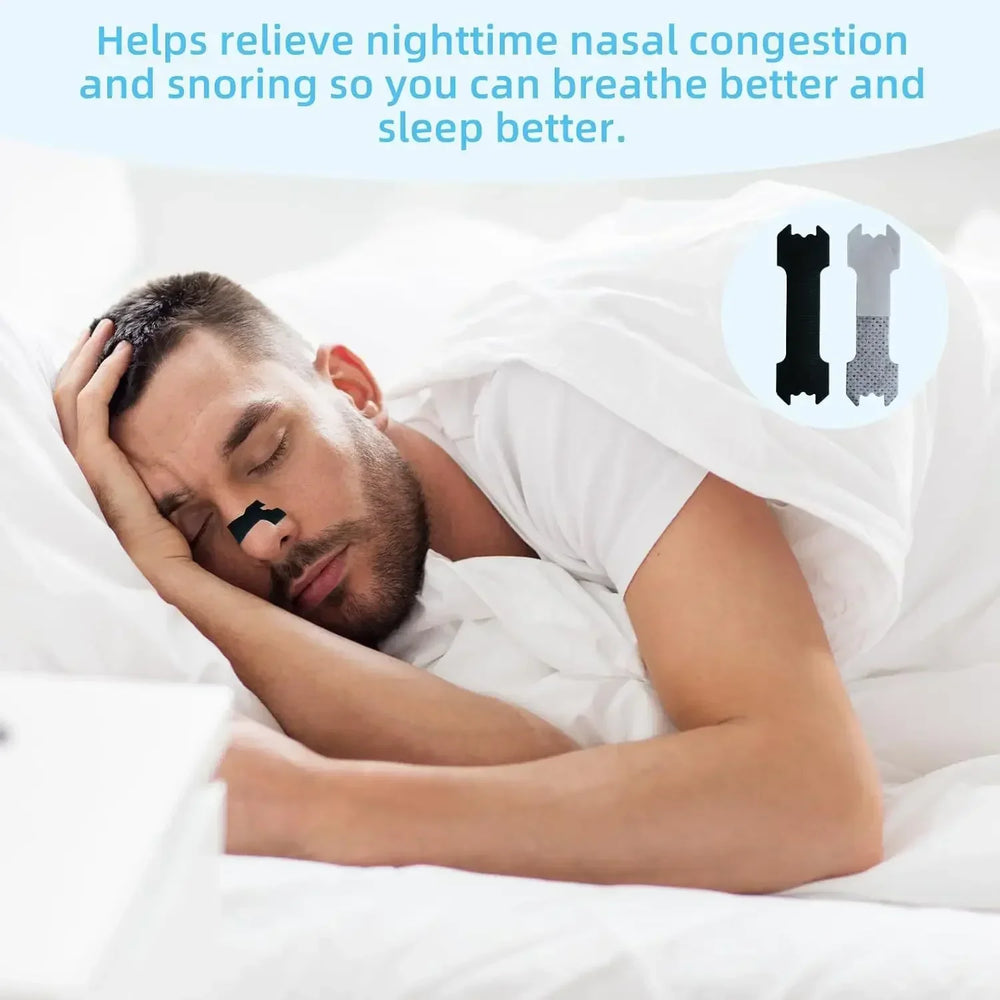 Man lying in bed with a nasal congestion relief device, text about relieving nighttime nasal congestion and snoring.