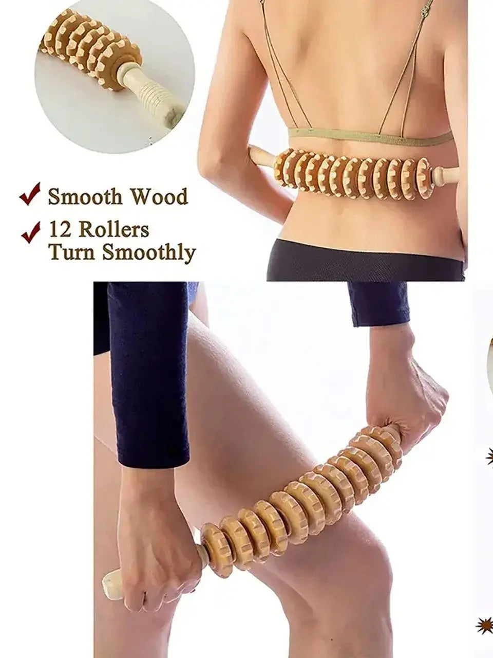 Person using a wooden back roller with close-up details on rollers and smooth wood.