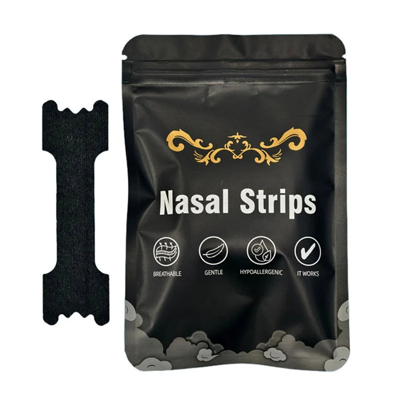 Black packaging of nasal strips with gold decorative elements on a white background