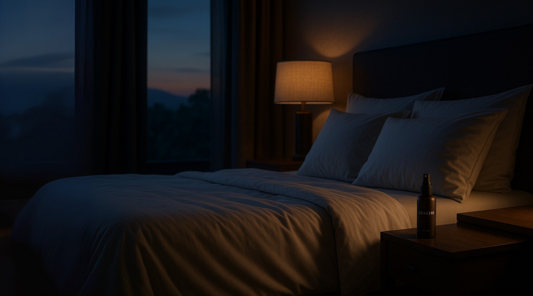 Dark bedroom with bed, lamp, and bottle on nightstand